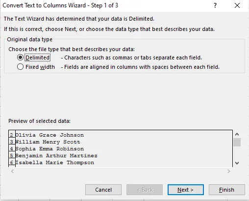 Choose the Delimited option in the wizard window in Excel 2