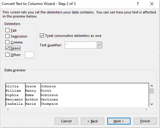 Select Space as a delimiter in the wizard window in Excel 3