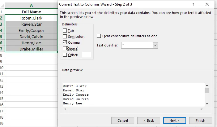 Choosing Comma as a delimiter in Excel Text to Columns 7
