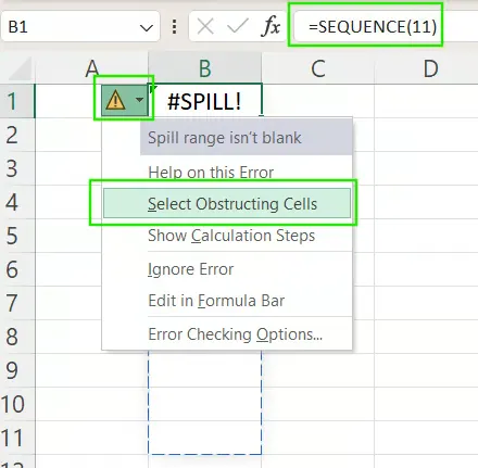 Checking #SPILL! error warning in Excel 5