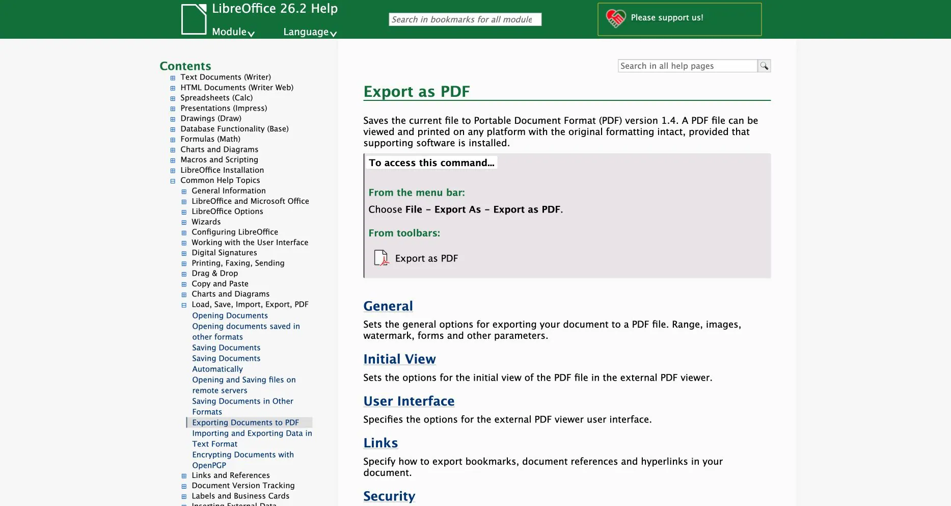 LibreOfficeヘルプページで「ファイル → エクスポート → PDFとしてエクスポート」コマンドを示す LibreOfficeヘルプページで「ファイル → エクスポート → PDFとしてエクスポート」コマンドを示す