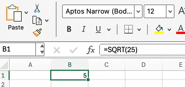 Square Root in Excel 1