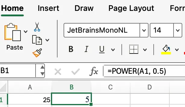 Square Root in Excel using POWER() 2