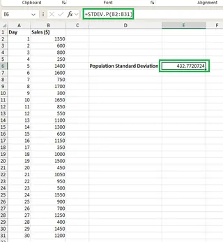 Calculating population standard deviation in Excel 5