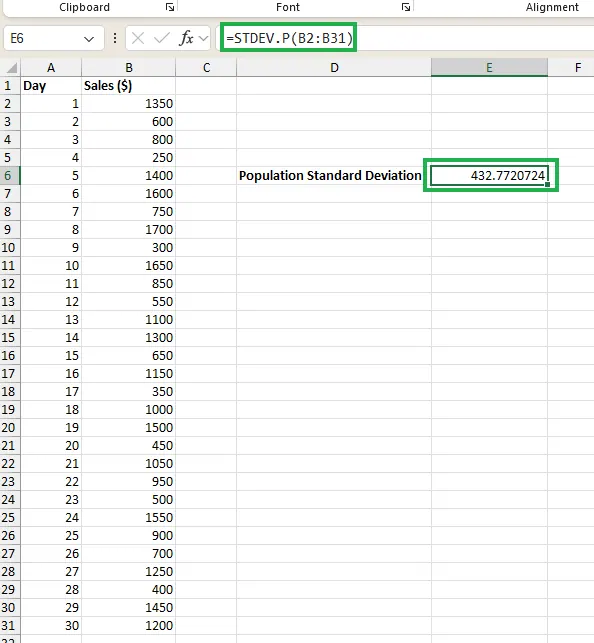 Calculating population standard deviation in Excel 5