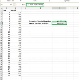 Calculating sample standard deviation in Excel 6