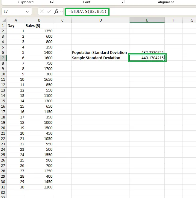 Calculating sample standard deviation in Excel 6
