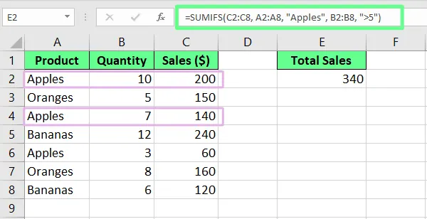 usando SUMIFS para sumar las ventas basadas en una condición en Excel. 2