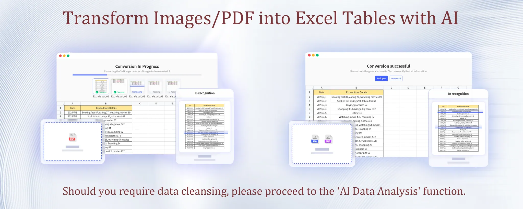 Excelmatic supports converting PDFs and images to Excel, as well as data cleansing.