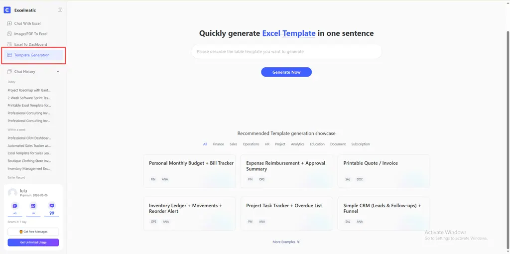 template generation page