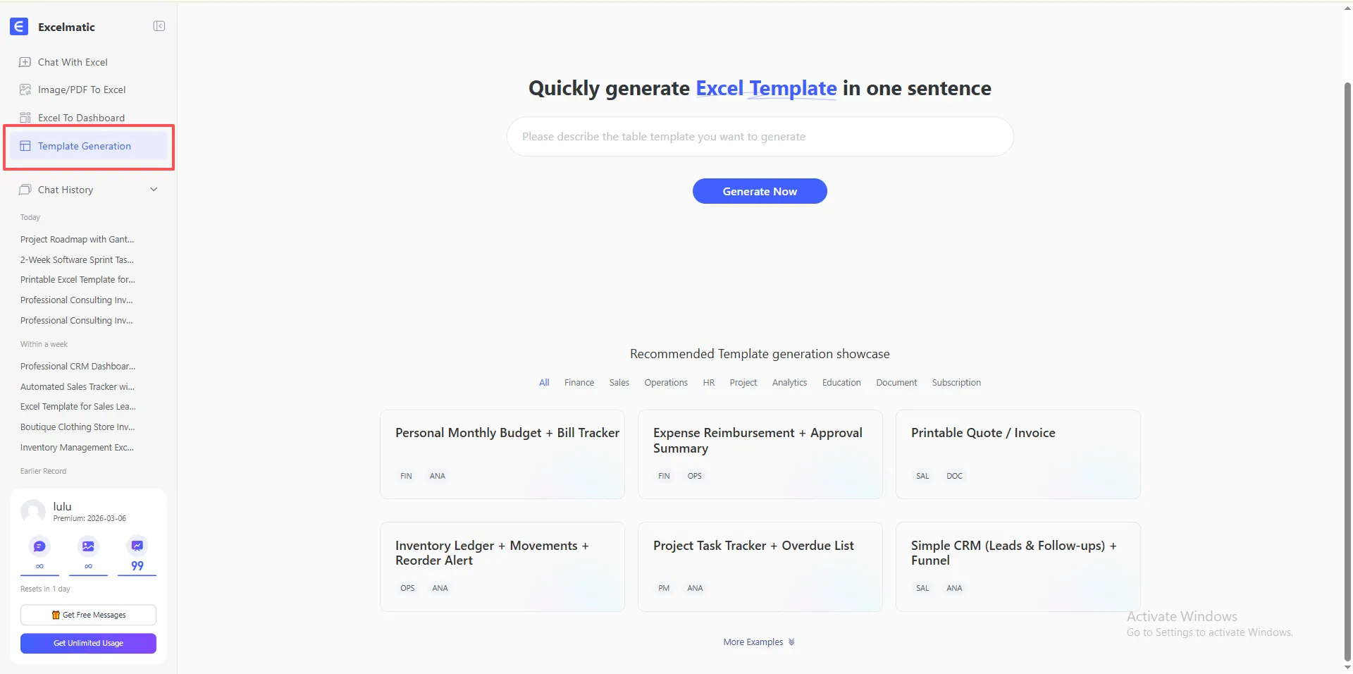 template generation page
