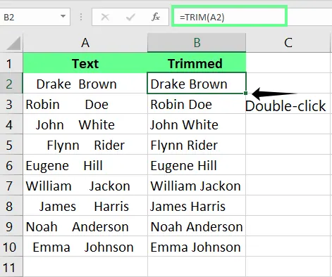 Removing all the extra spaces with the TRIM function in Excel. 2