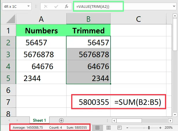Combine TRIM inside the VALUE function to fix the numeric values in Excel. 4