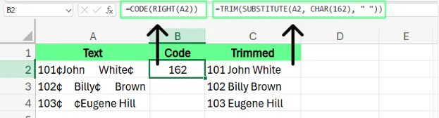 Removing special characters using CODE, SUBSTITUTE, and TRIM functions in Excel. 9