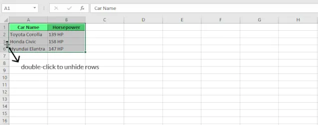 Double-clic pour afficher les lignes masquées dans Excel. 4