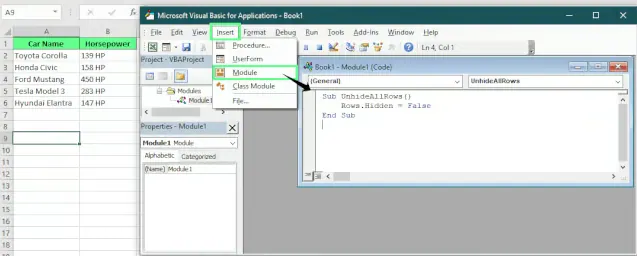 Afficher toutes les lignes masquées dans Excel en utilisant VBA. 5