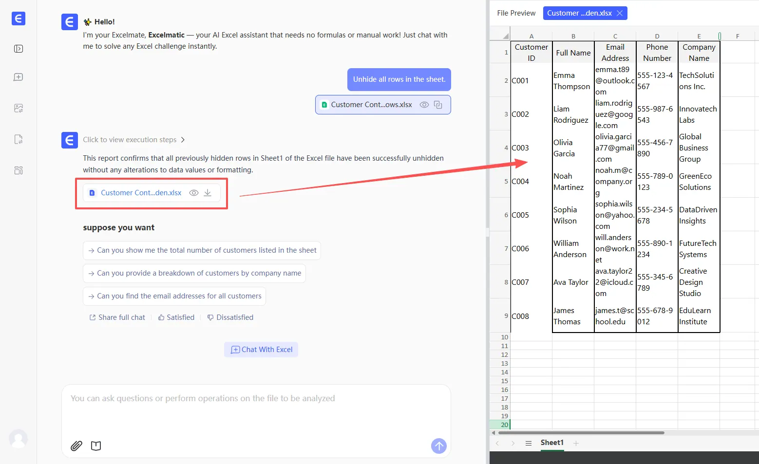Interface d'RowSpeak montrant un utilisateur tapant "afficher toutes les lignes masquées" résultat