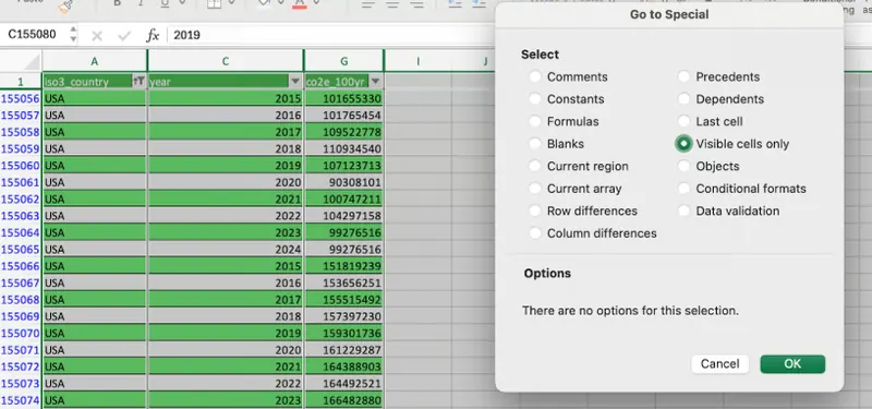 finding hidden columns from go to special 10