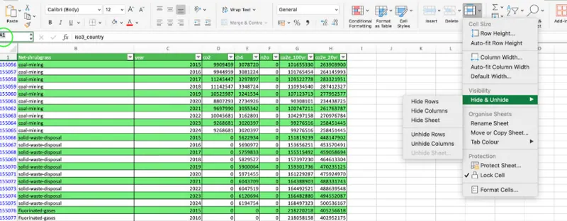 unhidding first column with name box 5