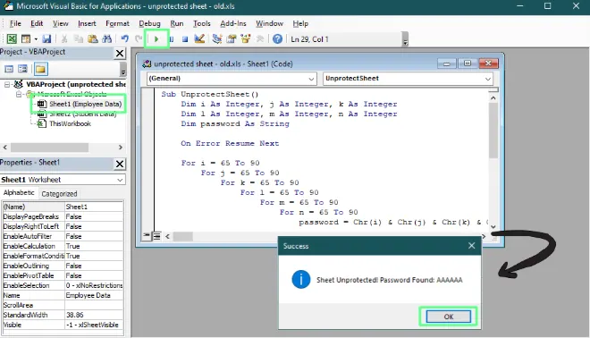 Unprotecting the sheet using VBA macro  in Excel. 2