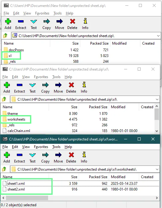 Locating to the XML file inside the zip folder in Excel. 4