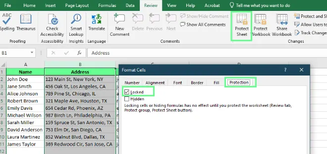 Protect and unprotecting specific cells in the Excel sheet. 7