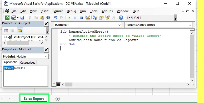 Code for changing the name of the worksheet using VBA in Excel 9