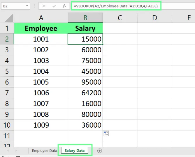 Employee Data 시트에서 추출된 데이터가 Excel 3의 Salary Data 시트에 복사됨
