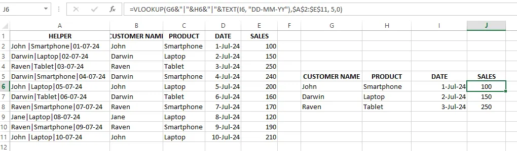 Retrieving the sales using Vlookup with multiple criteria. 6