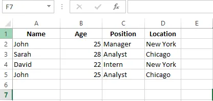 A table containing a list of employee name, their age, position and location. 9