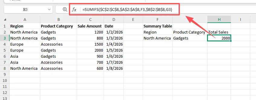 A complex SUMIFS formula in an Excel sheet