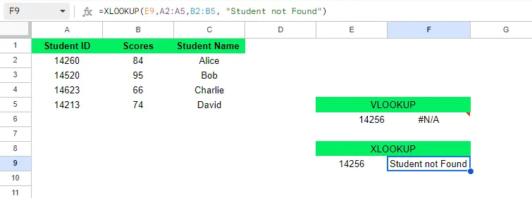 XLOOKUP 返回自定義訊息，而 VLOOKUP 顯示 #N/A 錯誤 10