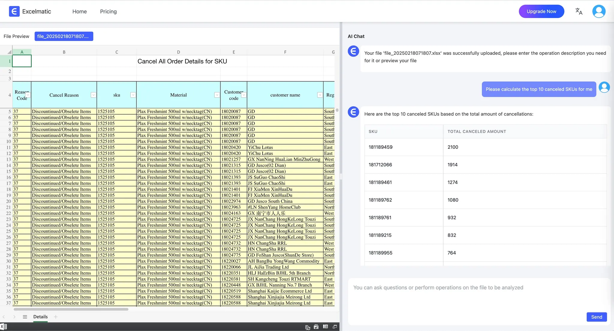First chat with excel file