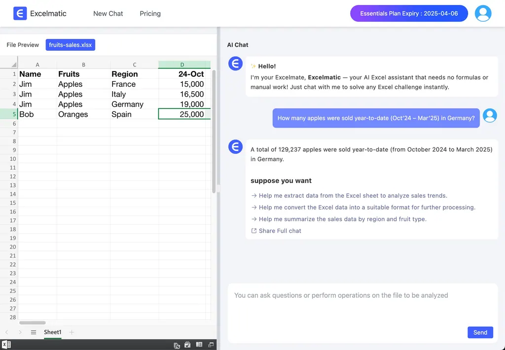 A Maneira do Excelmatic: Insights de Dados de Vendas sem Esforço