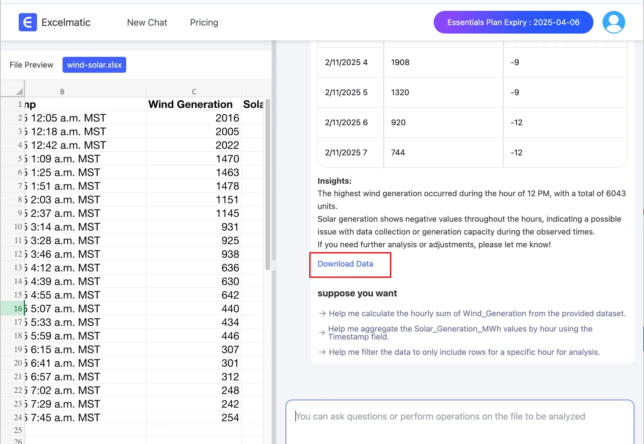Daten von excelmatic.ai herunterladen