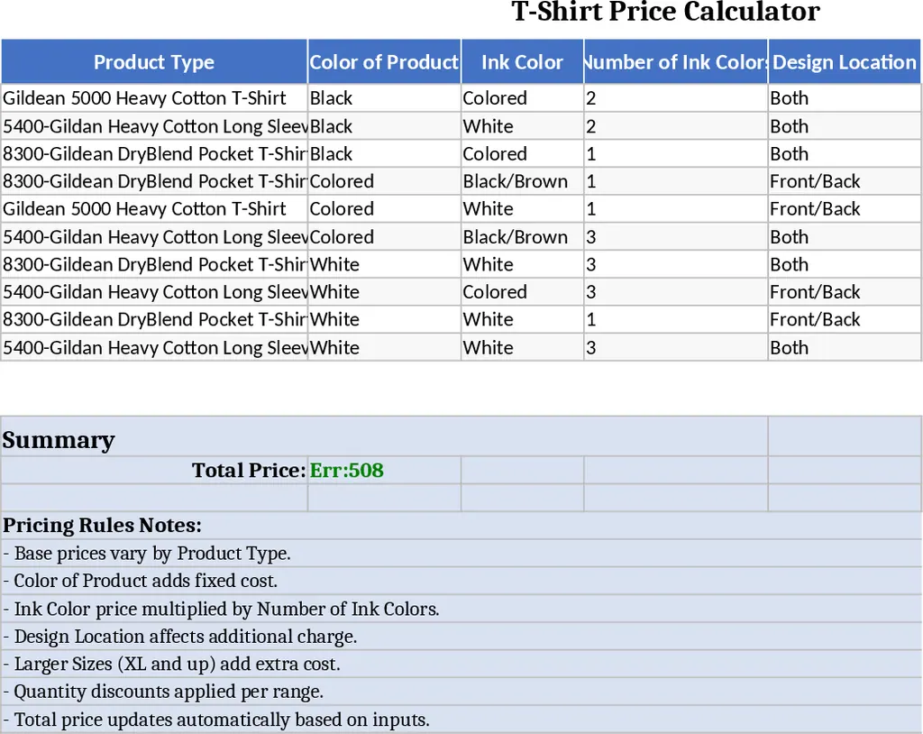 T-Shirt 客製化印刷報價自動計算 模板