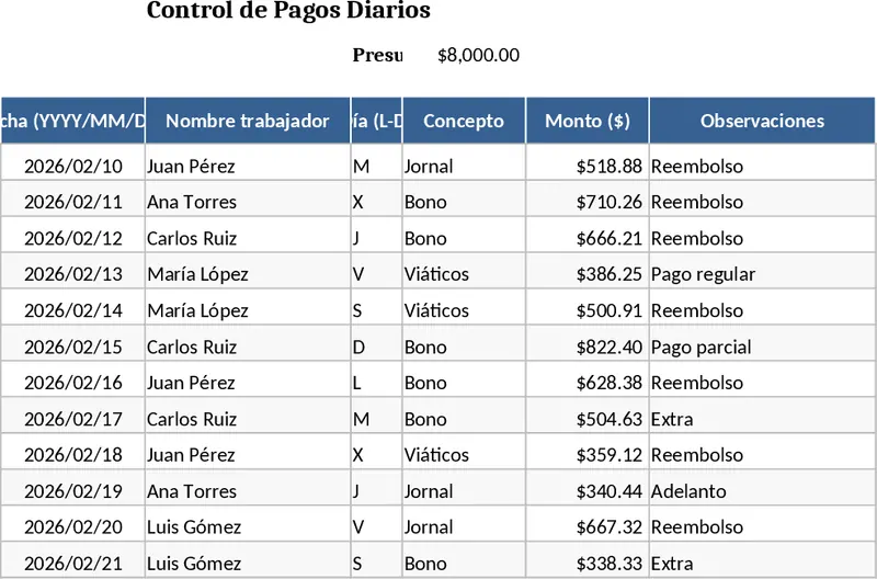 工人每日薪資支付與預算管理 模板