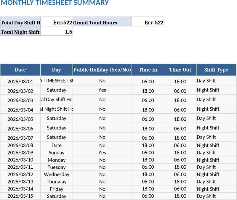 Monthly Timesheet Automation Template