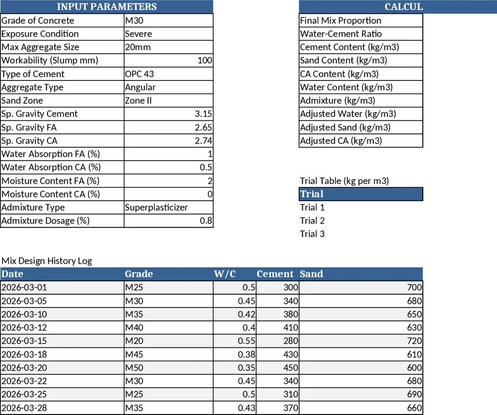IS 10262 Concrete Mix Design Calculator Template