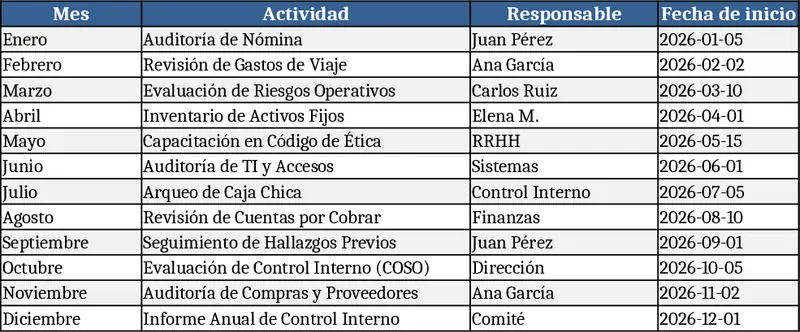Internal Control Dept Monthly Activity Schedule Template
