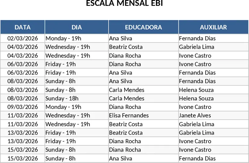 EBI 兒童聖經學校自動化每月排班管理 模板