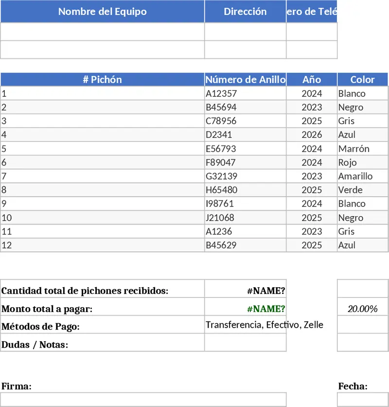 Del Toro 비둘기 경주 로프트 등록 및 결제 추적 템플릿