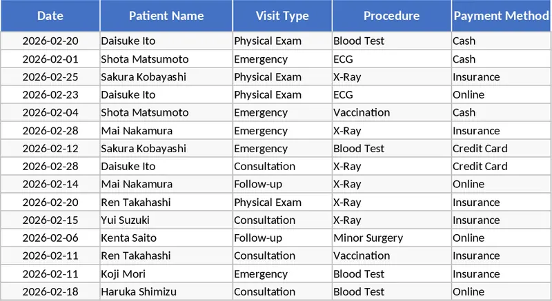 의료기관 일일 매출 및 환자 방문 추적 템플릿