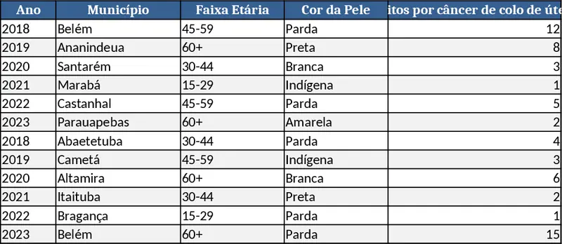 Cervical Cancer Mortality by Age and Skin Color in Pará (North) – DATASUS & INCA Chart Template