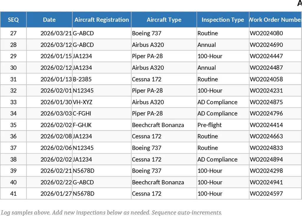 항공기 정비 검사 로그북 템플릿