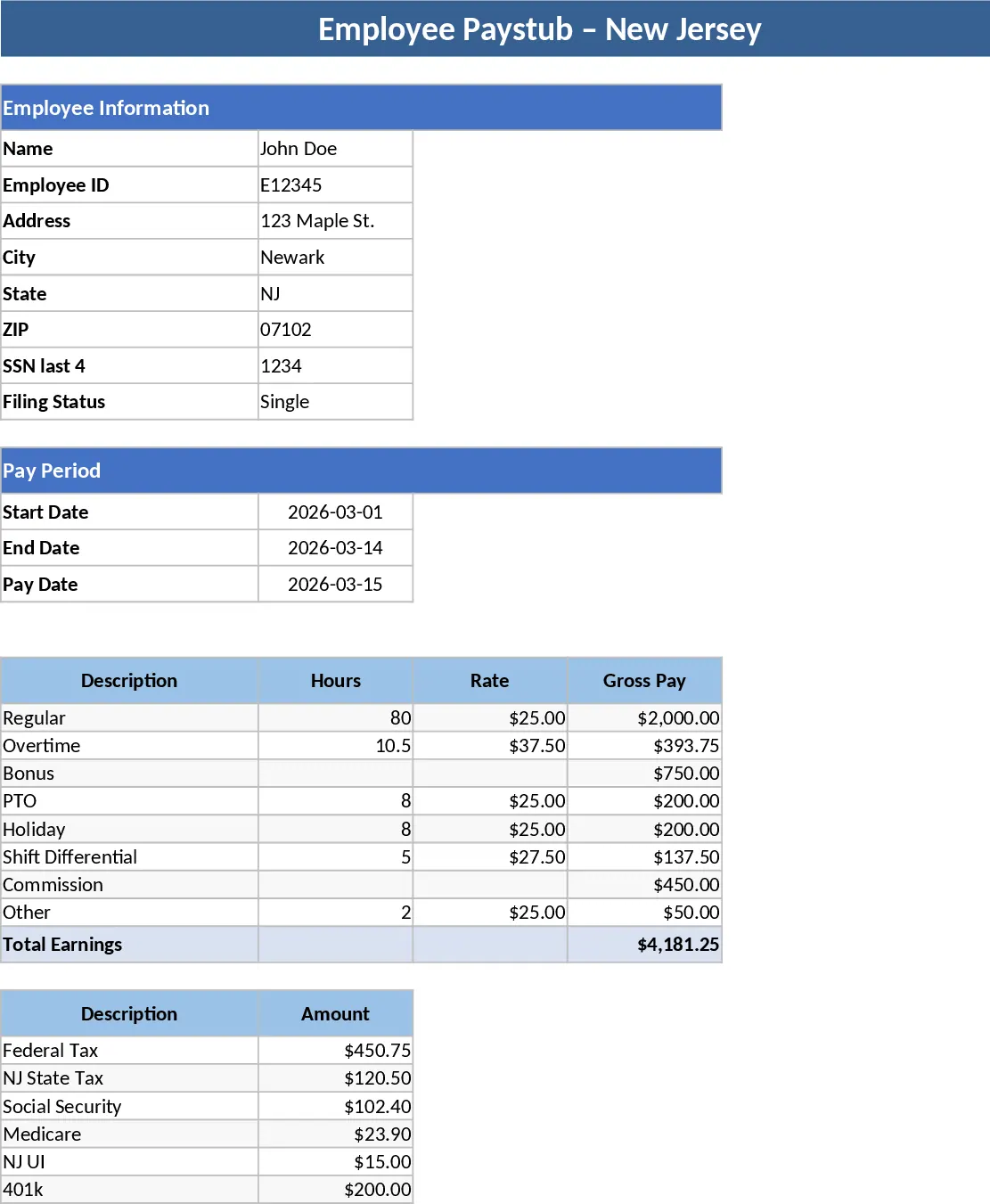 New Jersey Small Business Pay Stub Template