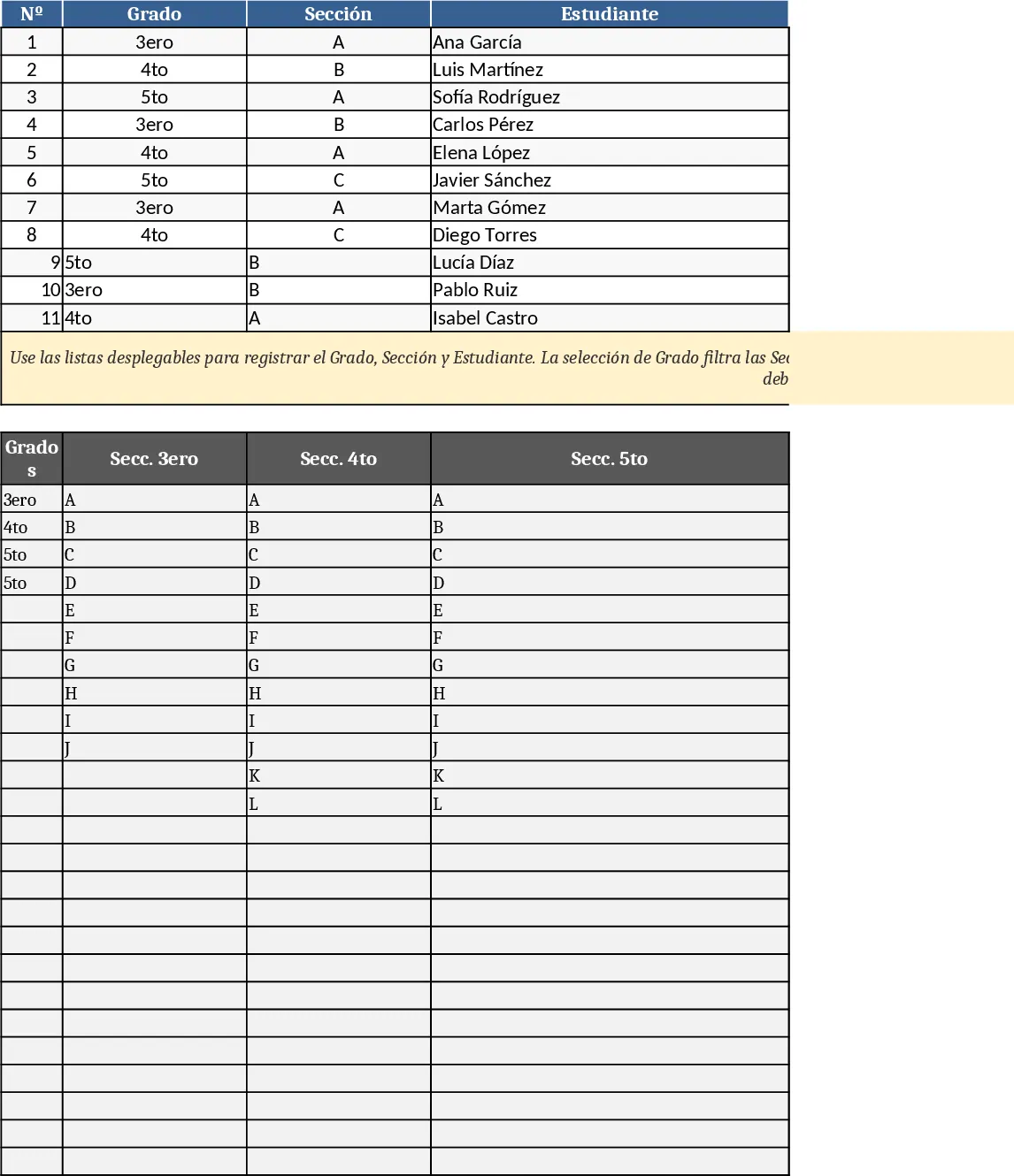 Grade-Section-Student Dependent Dropdown Tracker Template